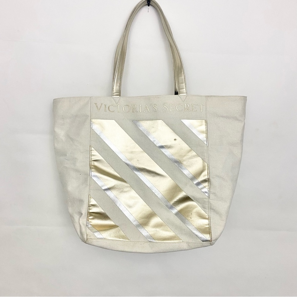 Victoria’s Secret Tote Medium gold metallic striped beige